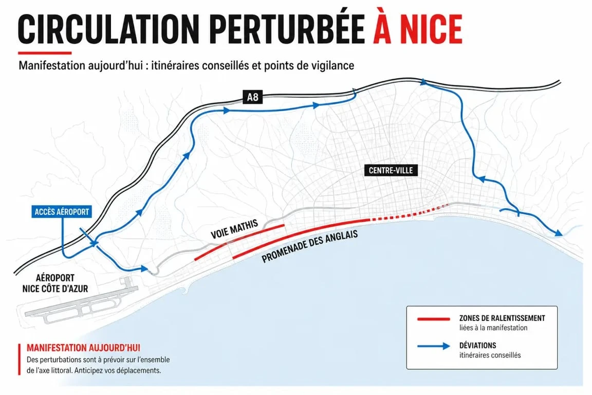Trajet manifestation Nice aujourd'hui avec axes perturbés et itinéraires de contournement