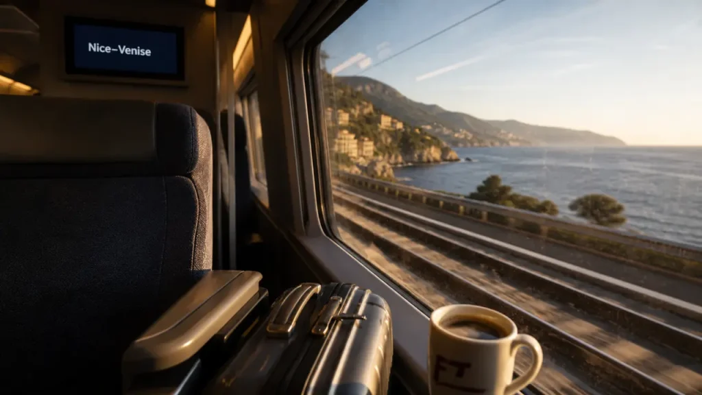 Nice Venise train : intérieur TGV vers l’Italie, vue fenêtre