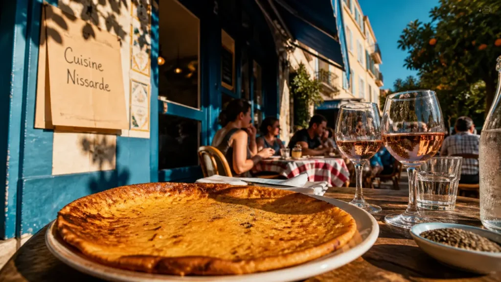 Socca niçoise dans un ristorante Nizza, terrasse et bistrot au coucher du soleil