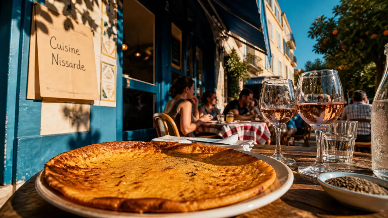 Socca niçoise dans un ristorante Nizza, terrasse et bistrot au coucher du soleil