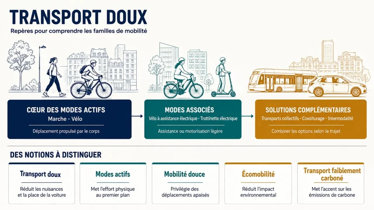 Infographie sur le transport doux, les modes actifs et les notions de mobilité durable
