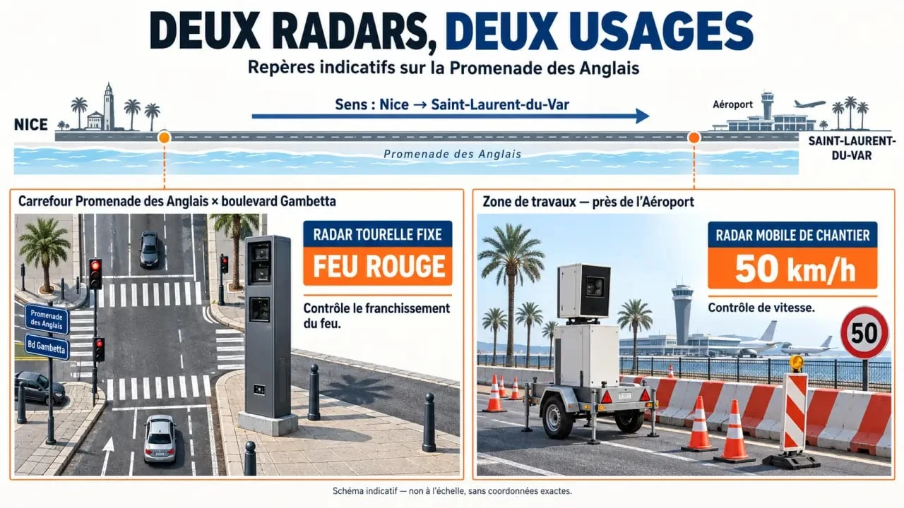 Schéma éditorial des radars sur la Promenade des Anglais à Nice, entre radar tourelle et radar mobile de chantier