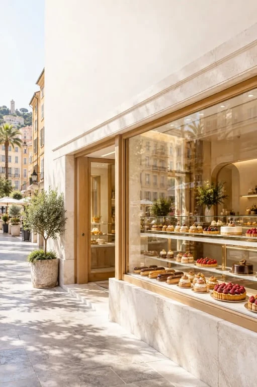 Pâtisserie à Nice avec vitrine de créations artisanales