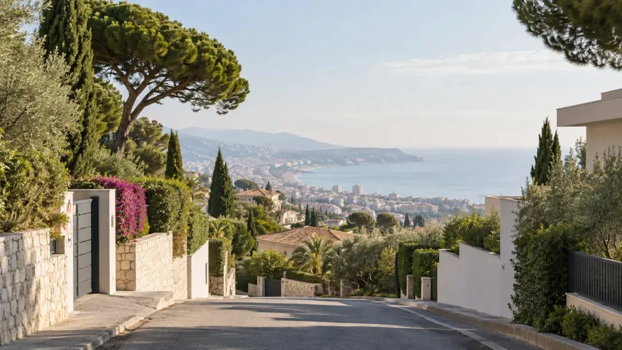 Vue résidentielle de la nice corniche fleurie avec végétation et aperçu de la mer