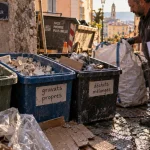 Gestion déchets chantier Nice : bacs de tri près d’une benne compacte