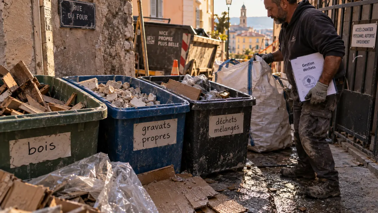 Gestion déchets chantier Nice : bacs de tri près d’une benne compacte