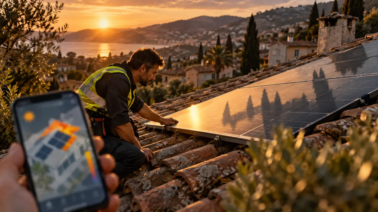 Panneau solaire alpes maritimes : technicien vérifie orientation et ombres sur toiture