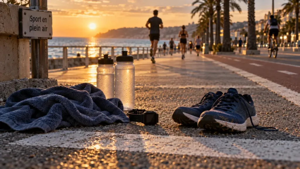 Sporting Nice : course au soleil sur la Promenade des Anglais, mer et accessoires sport
