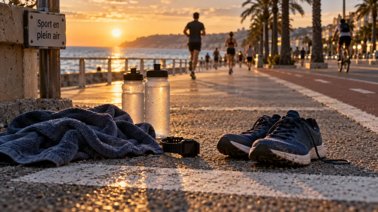 Sporting Nice : course au soleil sur la Promenade des Anglais, mer et accessoires sport