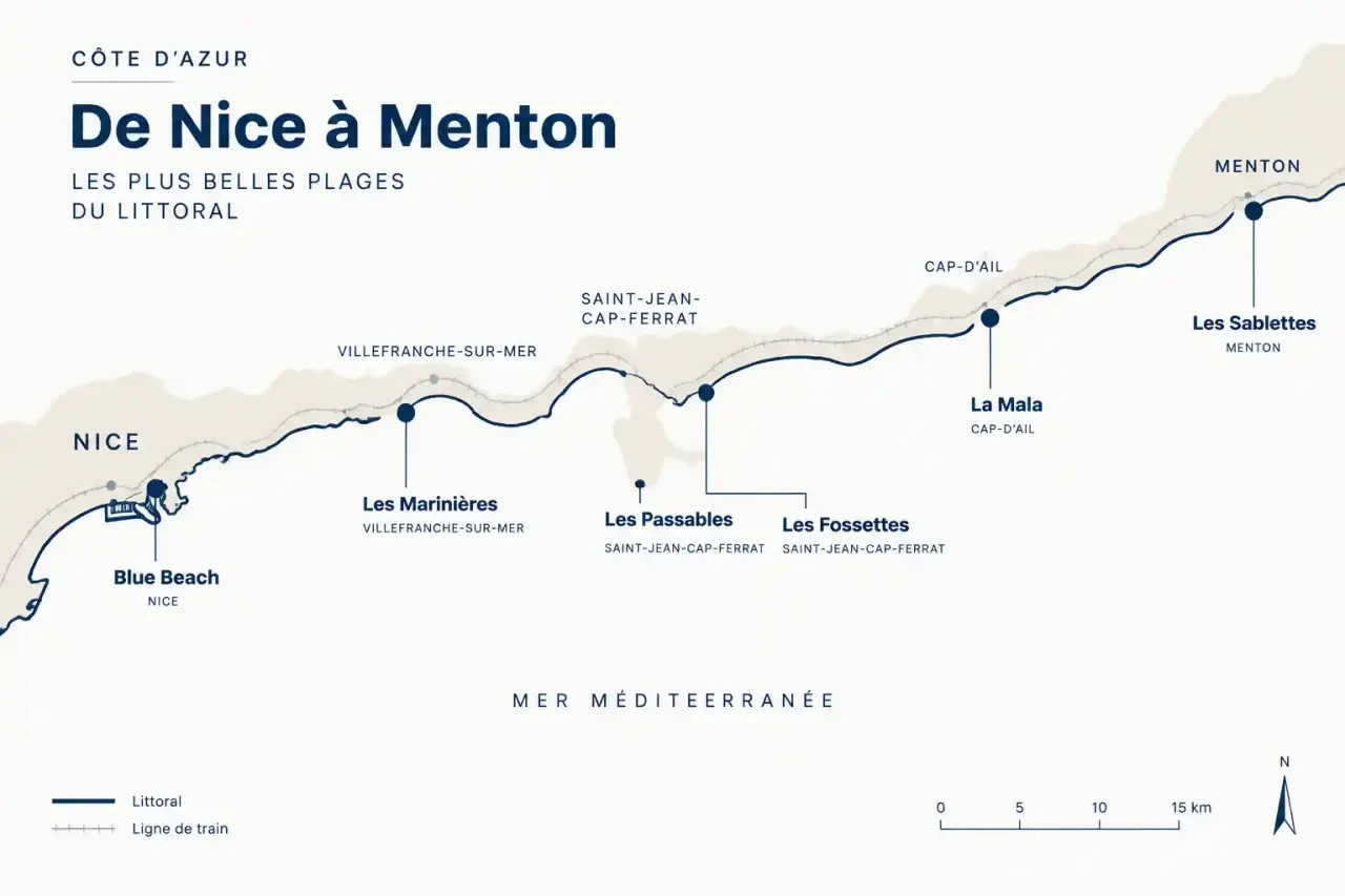 Carte des plus belles plages de Nice à Menton avec la ligne de train et les six plages sélectionnées