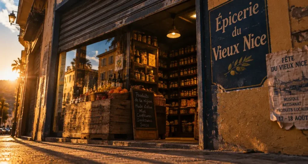 Epicerie du vieux nice : vitrine de quartier à Nice, golden hour