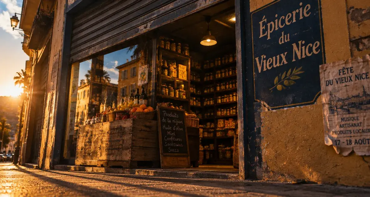 Epicerie du vieux nice : vitrine de quartier à Nice, golden hour