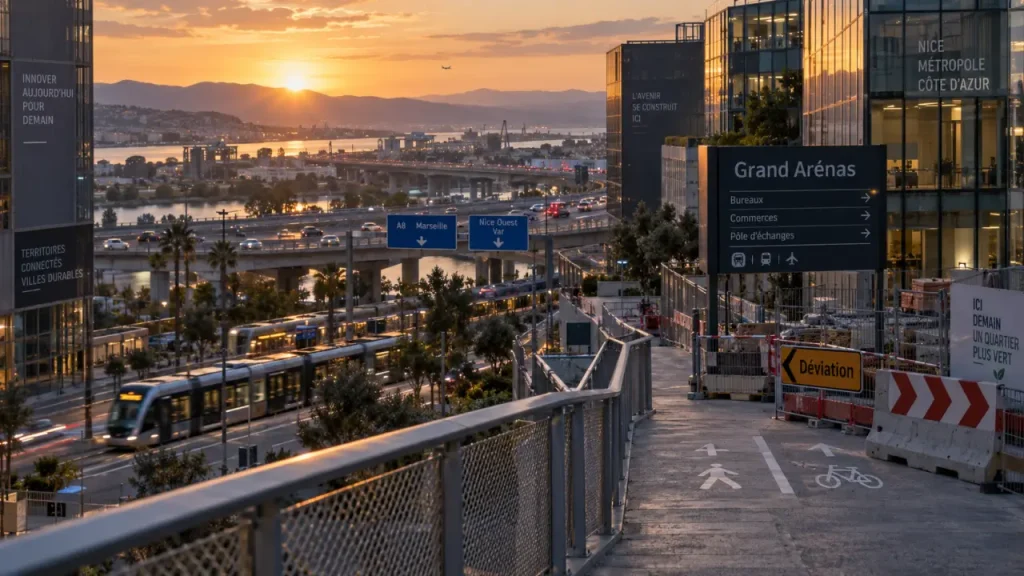 Quartier de l'Arénas à Nice : passerelle piétonne et échangeur vers l’aéroport